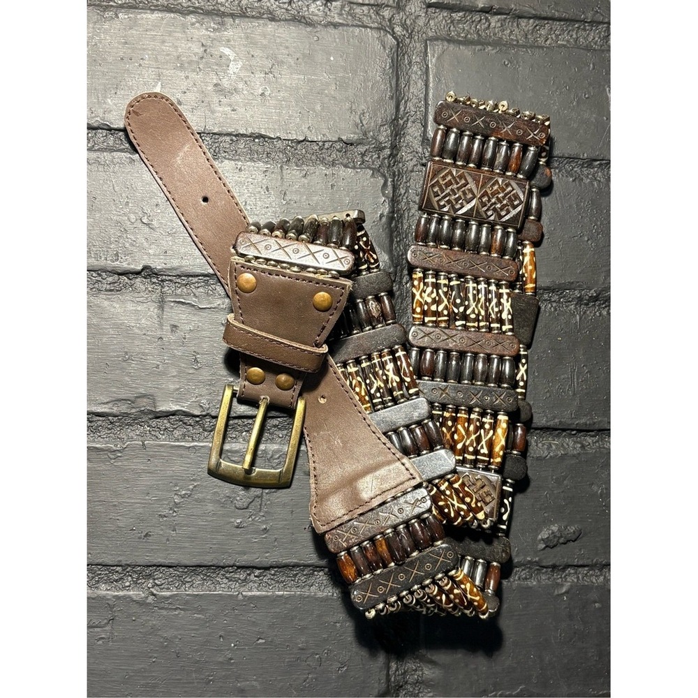 Vintage Beaded Belt Brown Wood Bone Tribal Boho Wide Statement Waist Belt